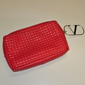 Valentino Limited Edition Red Quilted Cosmetic Bag Pouch Gold V Logo Zipper Top